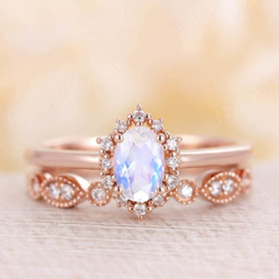 14K Rose Gold Mavi Doğal Aytaşı Yüzük Seti İstifleme Aytaşı Yüzükler