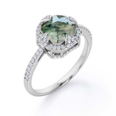 Halo Bezel Küme Asscher Cut Opak Sütlü Yosun Yeşili Akik Ve Mozanit Serme Nişan Yüzüğü