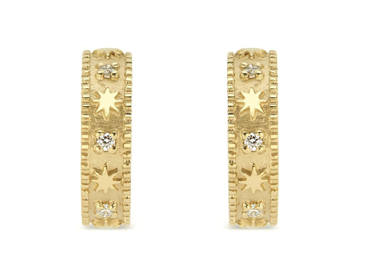 Yıldız Oyma 9K Altın Küpe Huggie Hoop Style Dia 16MM Genişlik 4MM