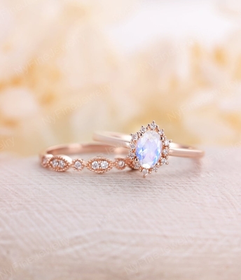 14K Rose Gold Mavi Doğal Aytaşı Yüzük Seti İstifleme Aytaşı Yüzükler