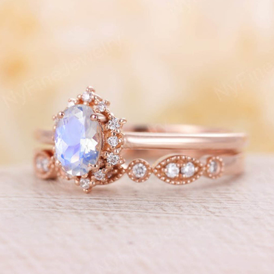 14K Rose Gold Mavi Doğal Aytaşı Yüzük Seti İstifleme Aytaşı Yüzükler
