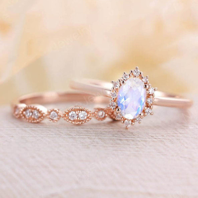 14K Rose Gold Mavi Doğal Aytaşı Yüzük Seti İstifleme Aytaşı Yüzükler