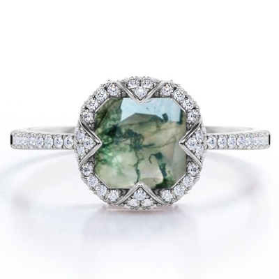 Halo Bezel Küme Asscher Cut Opak Sütlü Yosun Yeşili Akik Ve Mozanit Serme Nişan Yüzüğü