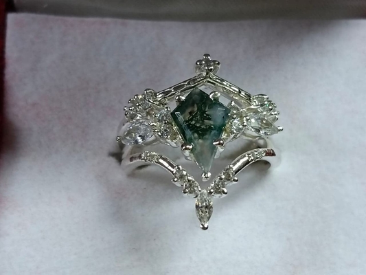 Uçurtma Şekli Taş Doğal Yosun Akik Nişan Yüzüğü Vintage Art Deco Hediye Aşk