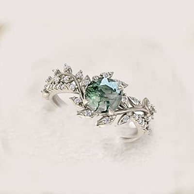 Yaprak Şekli 925 Ayar Gümüş Orta Taş Gelin Mossagate Nişan Yüzüğü