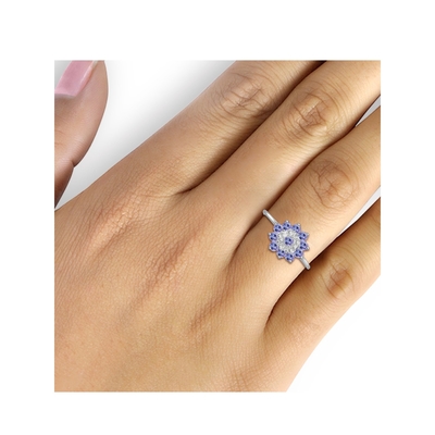 Branch Flower Design JewelersClub Tanzanite Yüzük Beyaz Pırlanta Vurgulu Gümüş Yüzük Takı