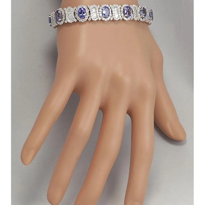 Finecraft 16 Cttw Doğal Tanzanite Beyaz Topaz Link Tenis Bileziği Som Gümüş