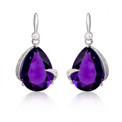 2,46 ct. tw Ametist ve 1/10 ct. tw Som Gümüş Pırlanta Leverback Küpeler