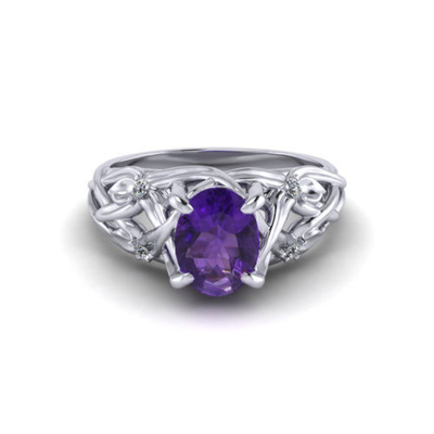 Çiçek Ametist Yüzük 14 Ayar Beyaz Altın, 6x8mm Ametist, Pırlanta .06cttw