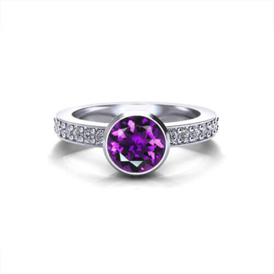 Çiçek Ametist Yüzük 14 Ayar Beyaz Altın, 6x8mm Ametist, Pırlanta .06cttw