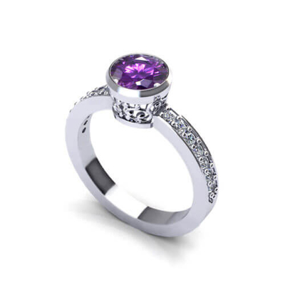 Çiçek Ametist Yüzük 14 Ayar Beyaz Altın, 6x8mm Ametist, Pırlanta .06cttw