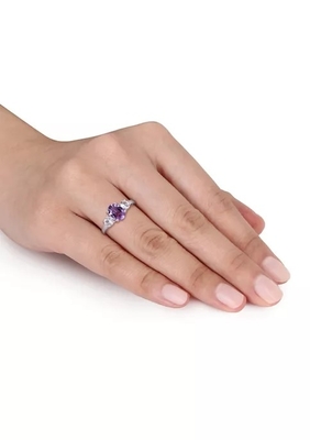 Oval Kesim Ametist ve Yaratılmış Beyaz Safir 3 Taşlı Som Gümüş Yüzük