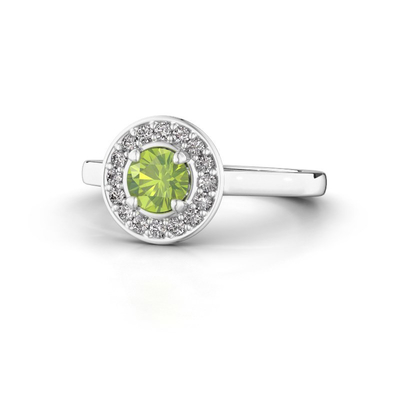 Daha Küçük Boyutlu Değerli Taşların Kucakladığı Büyük Bir Peridotlu Halo Platin Halo Yüzük
