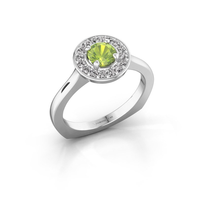 Daha Küçük Boyutlu Değerli Taşların Kucakladığı Büyük Bir Peridotlu Halo Platin Halo Yüzük