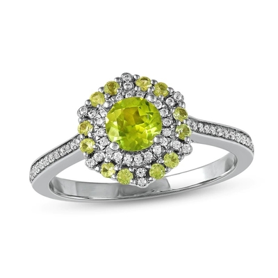 Yeşil Peridot &amp; Pırlanta Yüzük 1/6 ct tw 10K Beyaz Altın Gümüş
