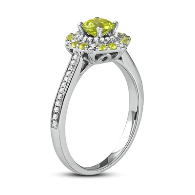 Yeşil Peridot &amp; Pırlanta Yüzük 1/6 ct tw 10K Beyaz Altın Gümüş