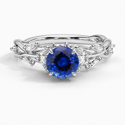 Sapphire Secret Garden Pırlanta Yüzük Seti 6 mm Premium Mavi Yuvarlak Safir ile