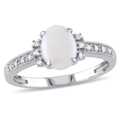 Oval Opal ve 1/15 CT. TW Pırlanta Baypas Bölünmüş Şaft Yüzük Som Gümüş