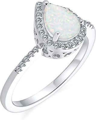 Petite Gemstone Micro Pave CZ Halo Oluşturuldu Beyaz Opal Yüzük Armut Şekli Gözyaşı