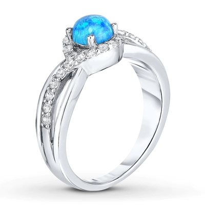 Lab Oluşturuldu Mavi Opal Yüzük Beyaz Topaz 925 Ayar Gümüş