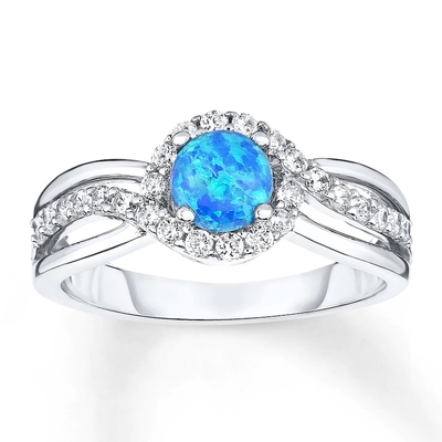 Lab Oluşturuldu Mavi Opal Yüzük Beyaz Topaz 925 Ayar Gümüş