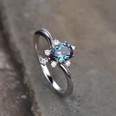925 Ayar Gümüş Sentetik Alexandrite Taş Takı, 8MM Lab Oluşturulan Alexandrite Yüzükler