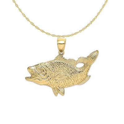 Karat 10 K Sarı Altın Açık Ağız Bas Balık Kolye Charm Ile 14 K Sarı Altın Hafif Halat Zincir Kolye