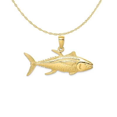 Karat 10 K Sarı Altın Açık Ağız Bas Balık Kolye Charm Ile 14 K Sarı Altın Hafif Halat Zincir Kolye
