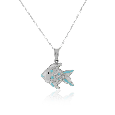 925 Ayar Gümüş 3D Mavi Beyaz Mineli Balık Charm Kolye Kolye