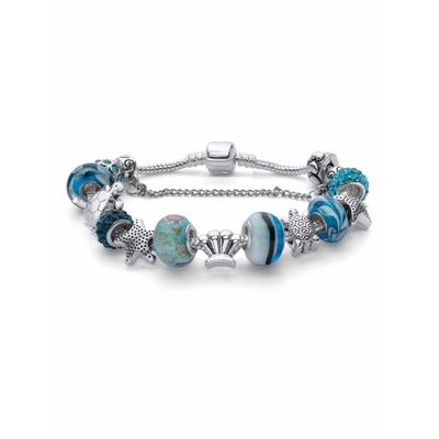 Yuvarlak Mavi Kristal &quot;Sea Life&quot; Kaplumbağa ve Denizyıldızı Charm Bileklik Silvertone 8&quot; Uzunluk