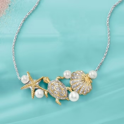 4-5,5 mm Kültür İncisi ve .14 ct. tw Pırlanta Sea Life Kolye Som Gümüş ve 18kt Altın Sterlin Detayları