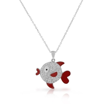 Sea Life Kırmızı Mineli Beyaz CZ Balık Uçlu Kolye 925 Ayar Gümüş