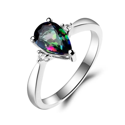 Yeni 925 Ayar Gümüş CZ Gökkuşağı Mistik Topaz Mistik Topaz Birthstone Ay Nişan Yüzüğü