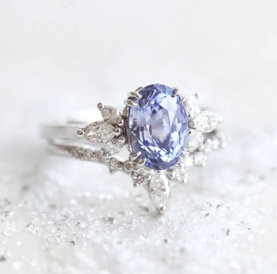S925 Rose Gold Oval Lavanta Safir Yan Cz Nişan Söz Yüzüğü Zarif Takı