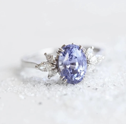 S925 Rose Gold Oval Lavanta Safir Yan Cz Nişan Söz Yüzüğü Zarif Takı
