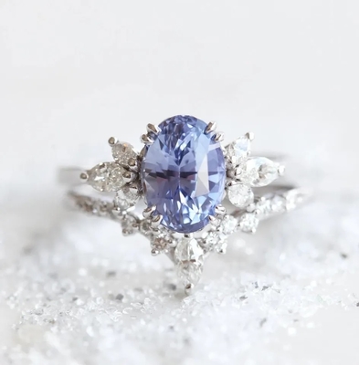 S925 Rose Gold Oval Lavanta Safir Yan Cz Nişan Söz Yüzüğü Zarif Takı