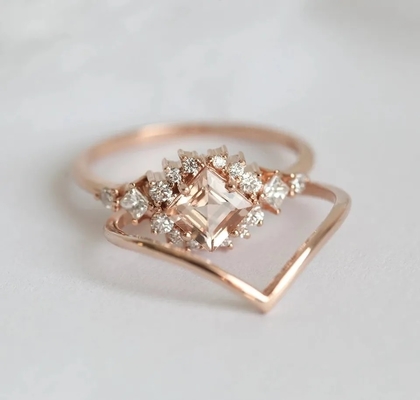 925 Ayar Gümüş Fascination Pretty Rose Altın Kaplama İnce Köpüklü Morganit Halo Yüzük Seti