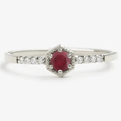 Hediye Som Gümüş Doğal Yakut Altıgen Minimal Nişan Yüzüğü Dainty Unique