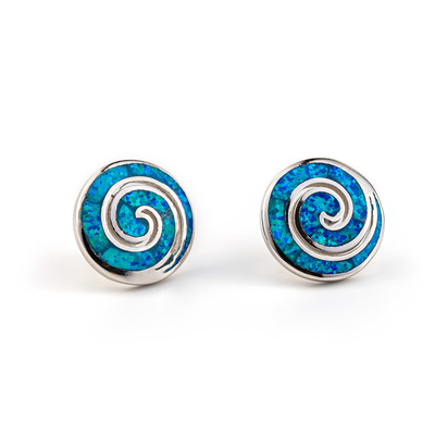 925 Ayar Gümüş Vintage Yunan Anahtar Mavi Menderes Opal Spiral Saplama Küpe Kadınlar için