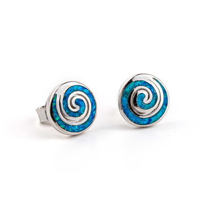 925 Ayar Gümüş Vintage Yunan Anahtar Mavi Menderes Opal Spiral Saplama Küpe Kadınlar için