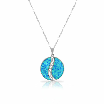 25 Ayar Gümüş Mavi Simüle Opal Yunan Anahtar Menderes Meandros Spiral Kolye Kolye