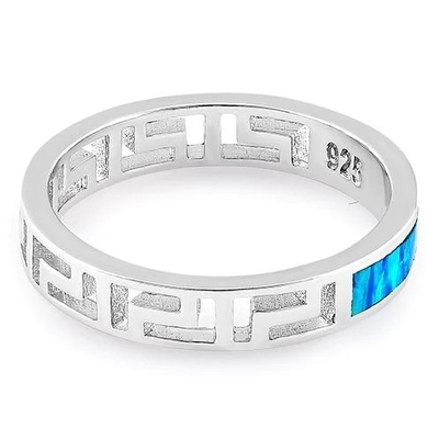 Sterling Sliver 925 Antik Yunan Menderes Anahtarı Modern Dalga Tasarımı Mavi Opal Yüzük Kadınlar İçin