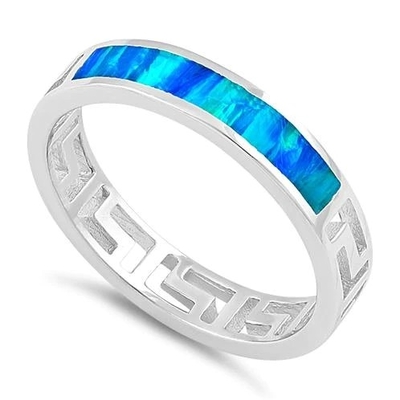 Sterling Sliver 925 Antik Yunan Menderes Anahtarı Modern Dalga Tasarımı Mavi Opal Yüzük Kadınlar İçin
