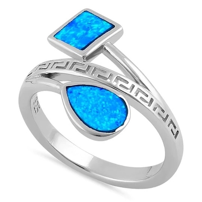 Sterling Sliver 925 Antik Yunan Menderes Anahtarı Modern Dalga Tasarımı Mavi Opal Yüzük Kadınlar İçin