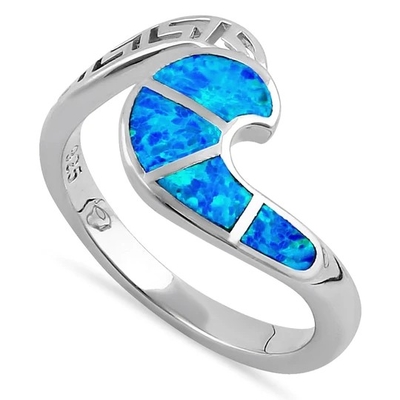 Sterling Sliver 925 Antik Yunan Menderes Anahtarı Modern Dalga Tasarımı Mavi Opal Yüzük Kadınlar İçin