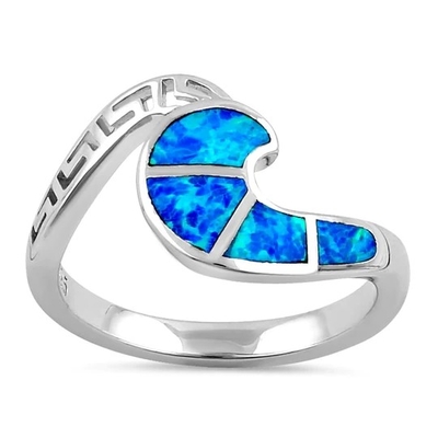 Sterling Sliver 925 Antik Yunan Menderes Anahtarı Modern Dalga Tasarımı Mavi Opal Yüzük Kadınlar İçin