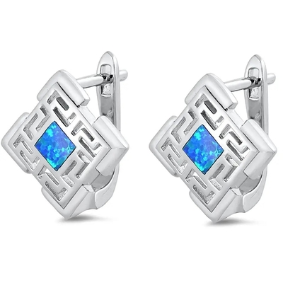 Toptan Özelleştirme 925 Ayar Gümüş Mavi Opal Yunan Anahtar Kadınlar için Yarım Hoop Küpe