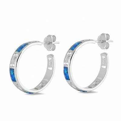 Toptan Özelleştirme 925 Ayar Gümüş Mavi Opal Yunan Anahtar Kadınlar için Yarım Hoop Küpe