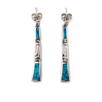 Retro Yunan Anahtar Kıvrımlı Gümüş Mavi Ateş Opal Dangle Küpe Kadınlar Için Yüksek Kaliteli Takı