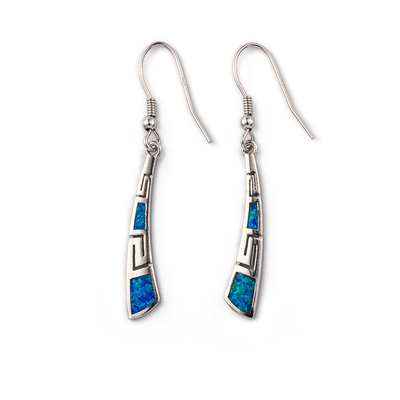 Retro Yunan Anahtar Kıvrımlı Gümüş Mavi Ateş Opal Dangle Küpe Kadınlar Için Yüksek Kaliteli Takı
